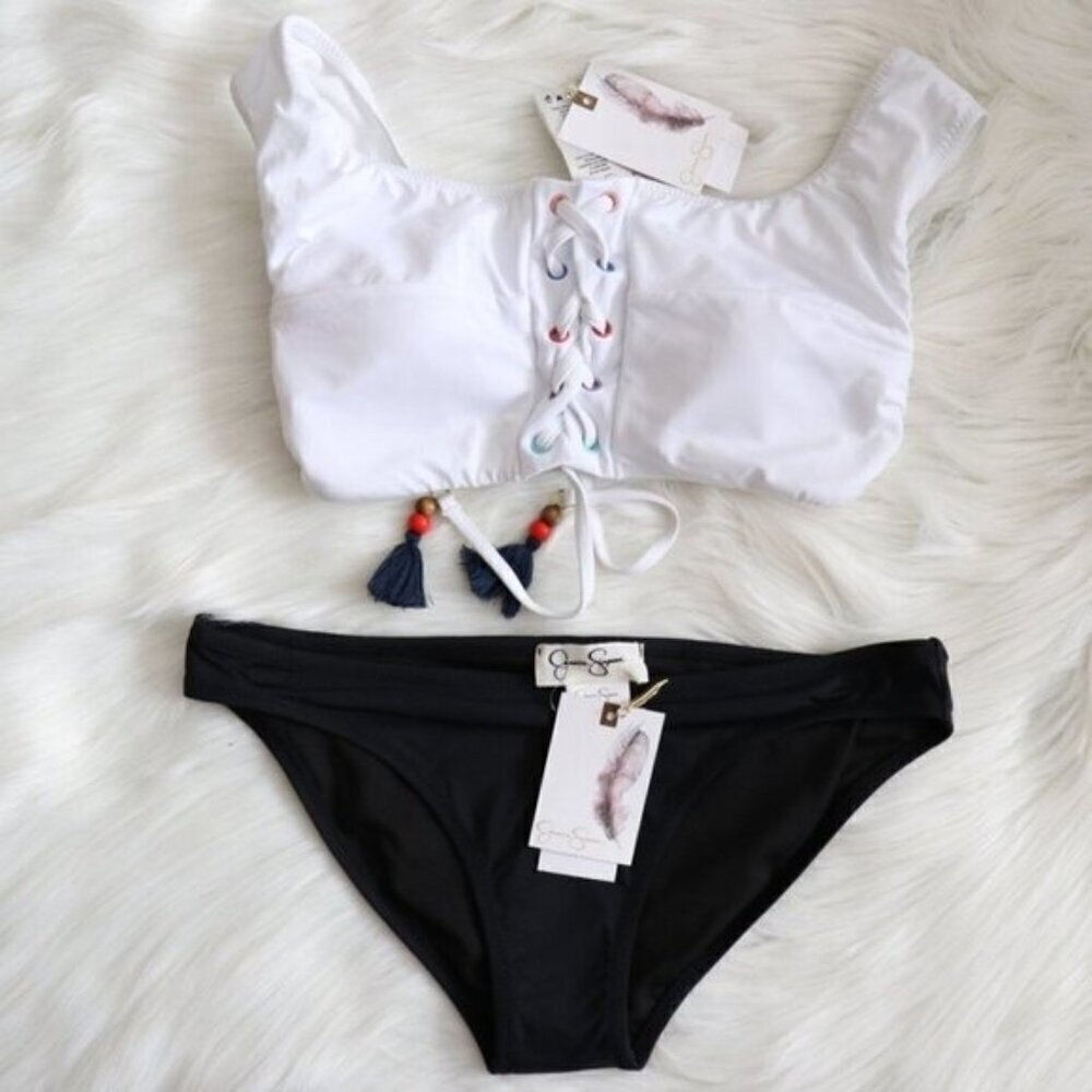 NWT Jessica Simpson White Black Bikini Swim Set Size Small